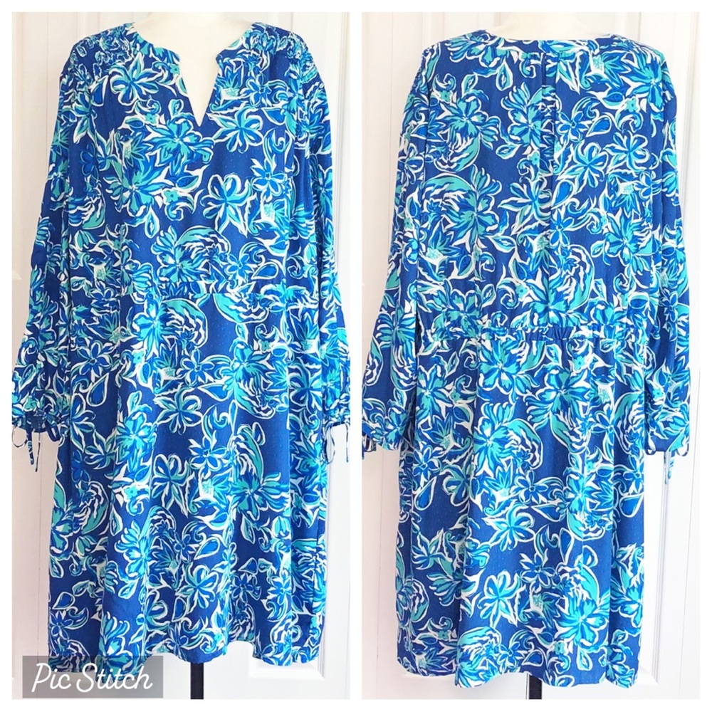 Molly & Isadora 5X Blue Tropical Floral Print Tie Sleeve Shift Dress